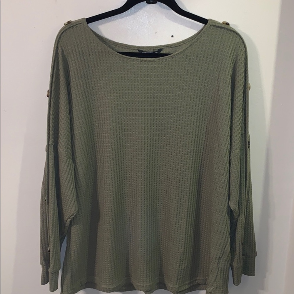 Olive green waffle knit button long sleeve shirt